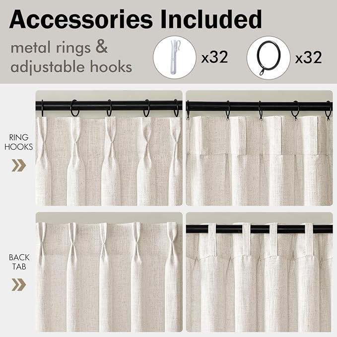 MIULEE 4 Panels Set Pinch Pleated Linen Curtains 94 Inches Long for Living Room Bedroom, Memory Trained Pinch Pleat Drapes Light Filtering Natural Semi Sheer Window Curtains Hooks Rings Back Tab