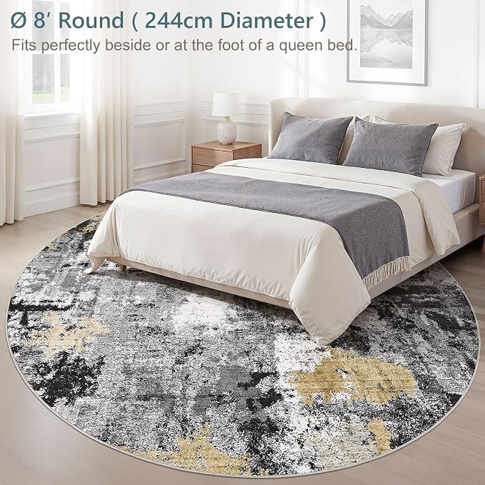 Abstract 8FT Round Rug: Machine Washable Non Slip Ultra Thin Low-Pile Carpet, Soft Stain Resistant for Living Dining Room Bedroom, Kid Pet Friendly, Robot Vacuum Compatible - Black Gold
