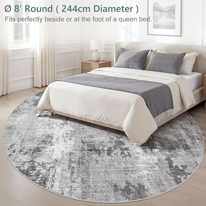 Abstract 8FT Round Rug: Machine Washable Non Slip Ultra Thin Low-Pile Carpet, Soft Stain Resistant for Living Dining Room Bedroom, Kid Pet Friendly, Robot Vacuum Compatible - Grey