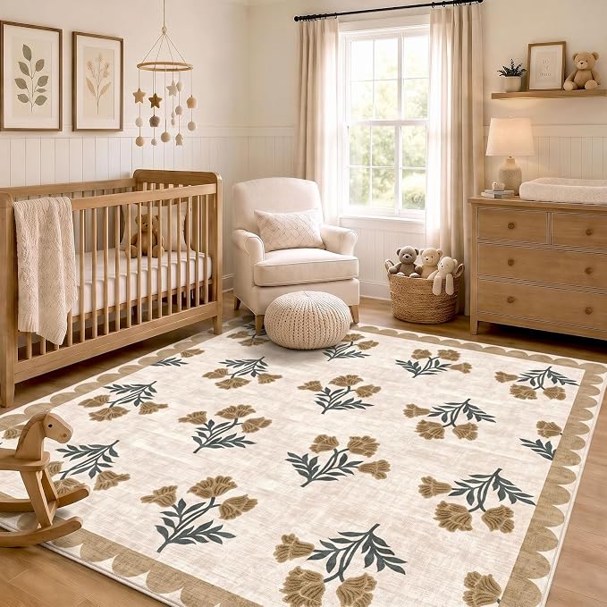 Beige Square Rugs 6ft - Soft Washable Boho Farmhouse Living Room Rug 6x6 Stain Resistant Dining Room Rugs for Under Table Cottage Floral Scalloped Area Rug for Bedroom Nursery Twin Beds Room