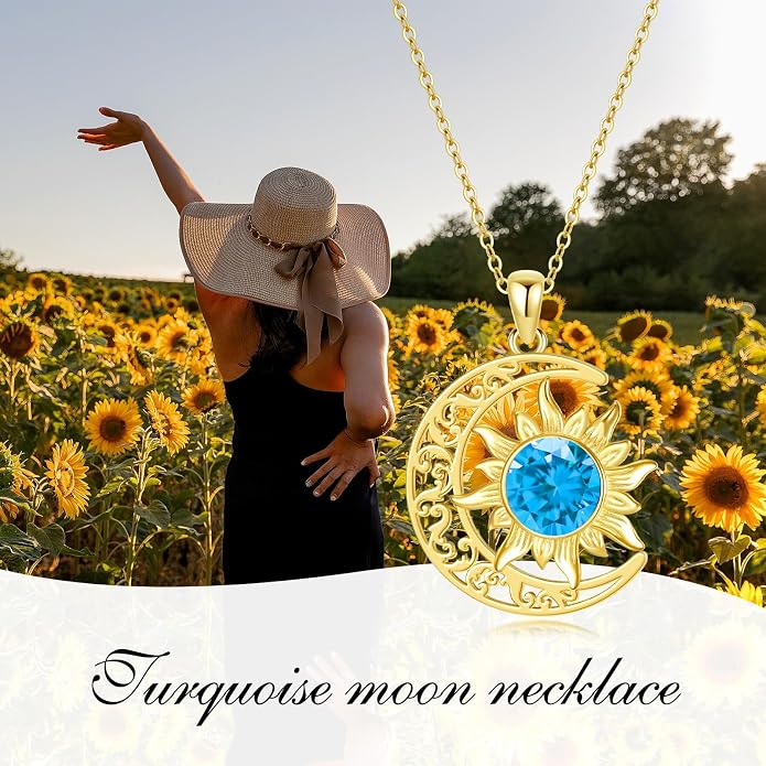Crescent Moon Necklace for Women 18K Gold Plated Silver Moon and Sun Pendant with Gemstone Dainty Birthstone Jewelry Pendant Necklace for her