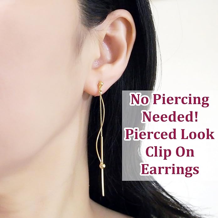 Comfortable Stick Invisible Clip On Earrings Gold Dangle Long Waved Threader Bar Clip-On Non Pierced Earrings Silver For Women,…