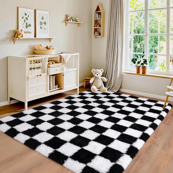 Pionblank Fluffy Area Rug for Bedroom 5x7, Modern Indoor Shag Carpet, Soft Plush Non Slip Checkered Rugs for Living Room Kids Room Home Decor, Black and White