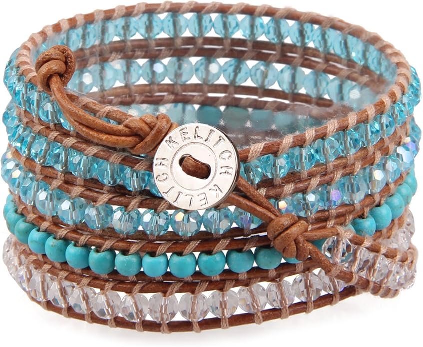 KELITCH Pearl Crystal Beads Bracelets Handmade Natural Leather 5 Wrap Bracelet for Women Classic Bangle Jewelry