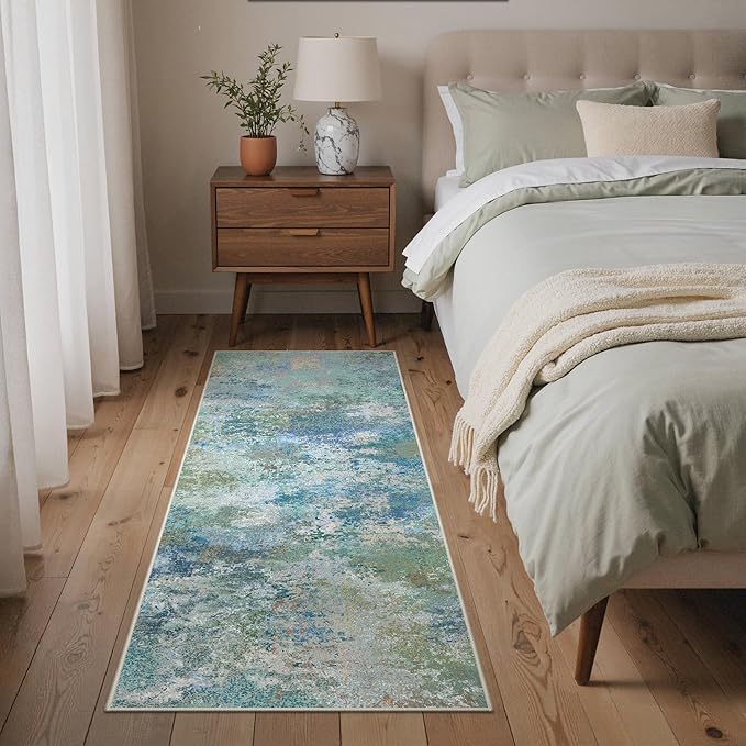 GENIMO Runner Rug Non Slip 2x6, Washable Rug Runner for Hallways Kitchen, Abstract Modern Kitchen Rugs, Low Pile Lightweight Carpet Runners for Entryway, Bedroom, Laundry, Aqua Blue