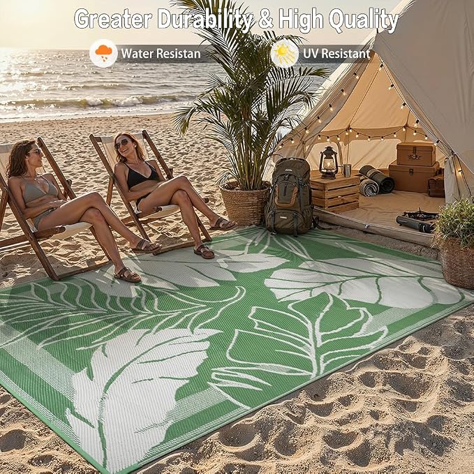 HUGEAR 6'x9' Outdoor Rug Waterproof Plastic Straw Rugs Green Reversible Olive Leaf Mat Floor Carpet for Camping RV Deck Entryance Porch Picnic Balcony Beach Backyard