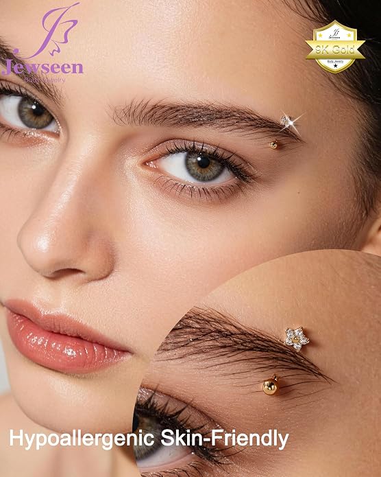 Jewseen ULTIMATE COLLECTION—9K Solid Real Gold Shiny Zircon Floral Design Belly Button Ring Eyebrow Rook Stud 16G 8mm Fine Piercing Jewelry