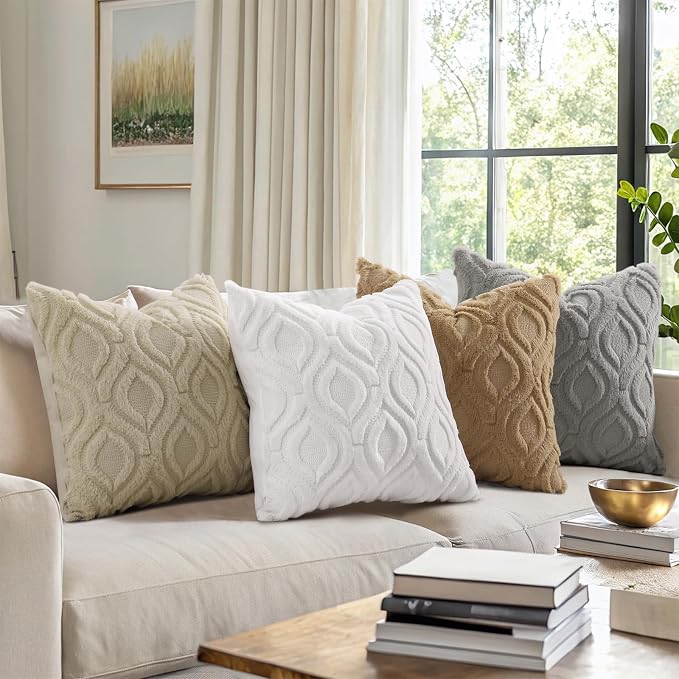 decorUhome Beige Cream White Faux Fur Throw Pillow Covers 20x20 Set of 4 | Fall Soft Neutral Decorative Plush Couch Pillow Covers, Accent Modern Farmhouse Neutral Pillow Cases for Sofa Bed Living Room