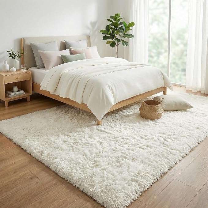 Fluffy Rugs for Living Room: White Soft Shag Rug for Bedroom, Large Fuzzy Plush Indoor Carpet Non Slip Modern Rug for Nursery Kids Room Dorms Office Home Decor, 9x11 Feet
