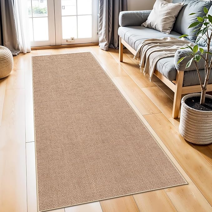 2x6 Jute Woven Runner Rug: Non Slip Backing Solid Color Easy Clean Hallways | Washable Thin Indoor Kitchen Carpet High Traffic Areas Farmhouse Home Decor Durable Textured Low Pile Accent Mats (Beige,2x6)