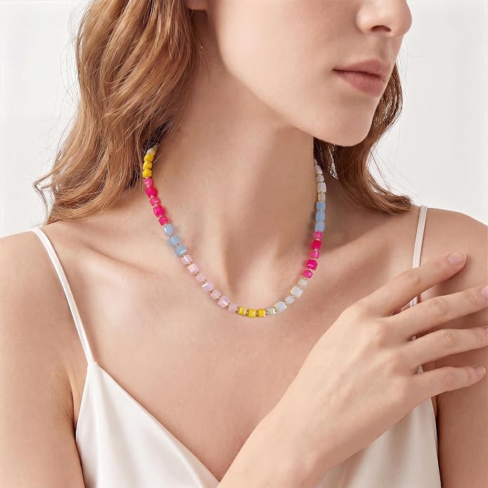 LALAPPLE Colorful Beaded Gemstone Necklace for Women, Boho Rainbow Bead Choker with Natural Stone Crystal Beads, Handmade Summer Beach Necklace Jewelry