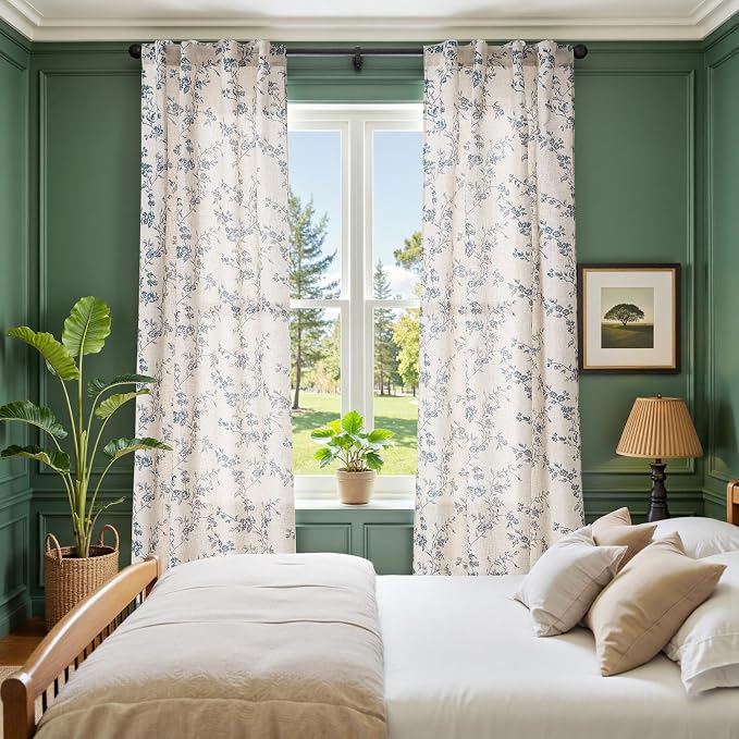 jinchan Blue Floral Linen Curtains 90 Inch Country Drapes Back Tab 2 Panels | Blue on beige, light filtering, farmhouse, rustic, flower, living room, bedroom, dining room, window treatment, home decor