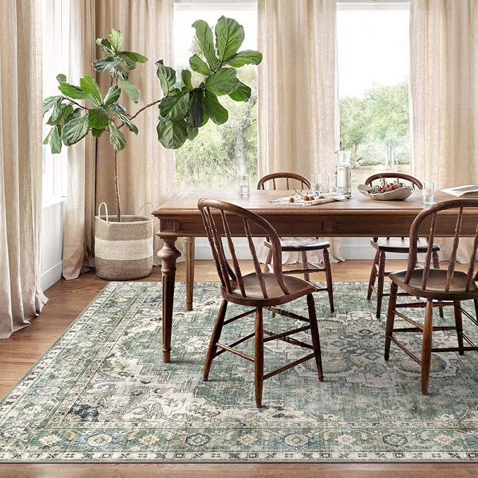 LUXRUG Area Rugs 10x14 Living Room - Large Washable Sage Green Boho Rugs for Bedroom Soft Vintage Rug Ultra-Thin Farmhouse Oriental Carpet Medallion Rug for Dining Room Guest Room Home Decor