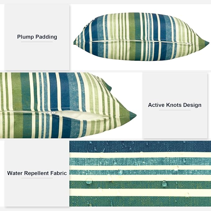 Outdoor Lumbar Pillows, Water Repellent Cushion Pillows 12x20 Inch, Outdoor Pillows with Inserts for Home Garden, Pack of 2, Stripe Blue Green