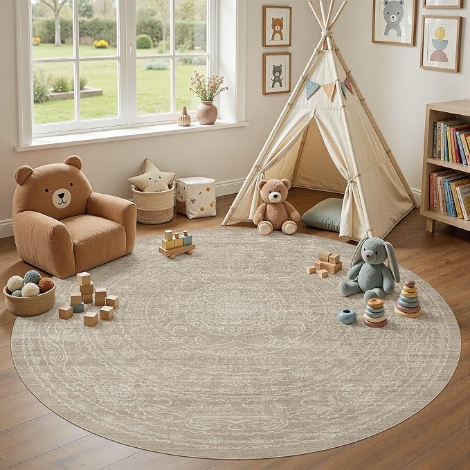 6ft Round Rug Living Room: Washable Large Vintage Rug Neutral Non-Slip Soft Stain Resistant Indoor Carpet for Bedroom Nursery Dining Room Under Table Bed Home House Office Playroom - Brown