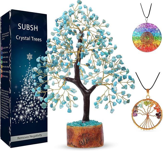Turquoise Gemstone Crystal Tree, 2 Chakra Pendants, Crystals and Healing Stones, Birthday Gifts for Women, Gemstone Tree, Office Decor, Chakra Stones, Positive Energy Crystals, Gifts for Mom 10-12"