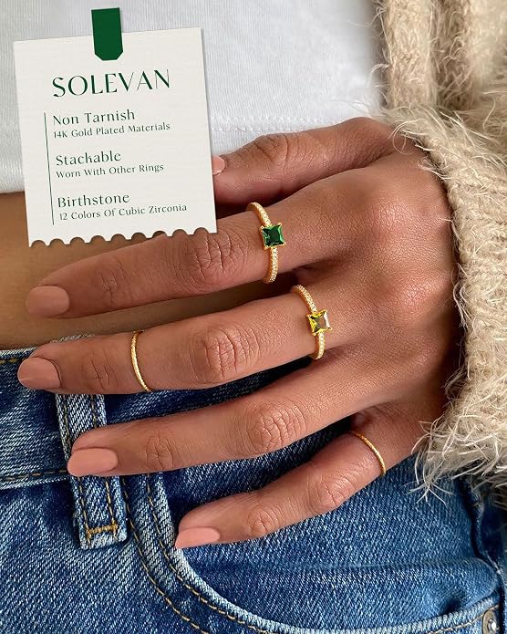 Birthstone Gold Rings for Women Non Tarnish 14K Gold Plated Stackable Cubic Zirconia Thumb Rings Dainty Cute Emerald Eternity Band Pinky Ring Engagement Wedding Promise Rings Jewelry Gifts