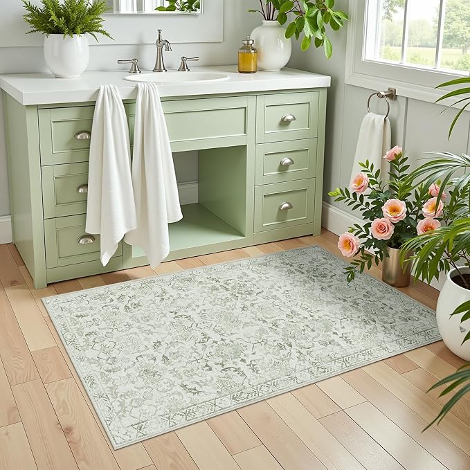 Sage Green 2x4 Runner Rug for Hallways Bed Side Kitchen, Boho Washable Distressed Low-Pile Floor Entryway Long Bathroom Mat, Non-Slip Laundry Room Washstand Front Carpet Green 24x48 Inch