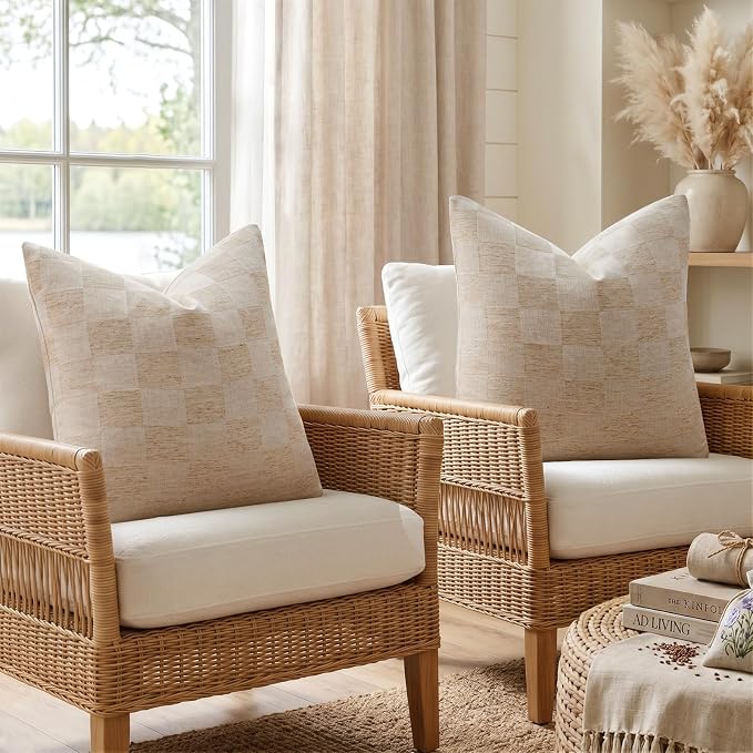 a moment Set of 2 Decorative Linen Throw Pillow Covers,Large Grid Textured Neutral Boho Farmhouse Cushion Covers,Soft Aesthetic Pillowcases for Couch Sofa Living Room Home Decor,22x22 Inch,Natural