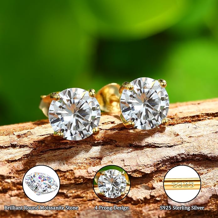 Moissanite Stud Earrings : 18K White Gold Plated Solid 925 Sterling Silver Earring Hypoallergenic Dainty Flat Back Stud Earrings Jewelry for Women Men D Color VVS1 Clarity