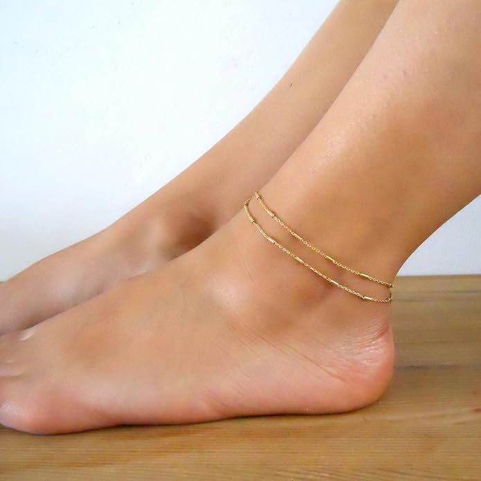 Pencros Dainty Layered Anklet,14K Gold Filled Cute Beads Satellite Chain Heart Boho Adjustable Anklets for Women