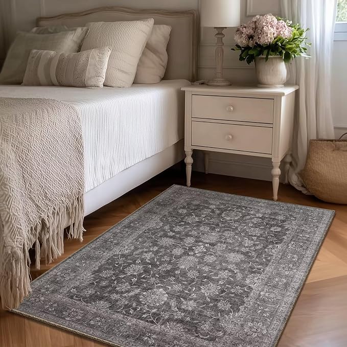 Washable 3x5 Entryway Rug, Boho Vintage Non-Slip Door Mat, Dark Grey | 0.3" Neutral Throw Small Rugs for Bedroom Kitchen Nursery Entrance, Cushioned for High-traffic Area