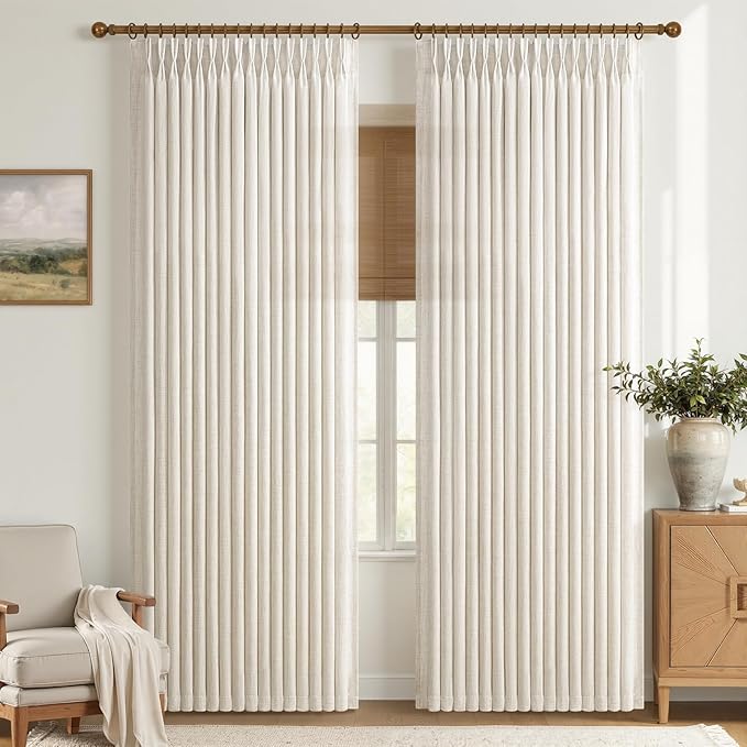 70 Inch Extra Wide Linen Semi Sheer Curtains 102 Inches Long for Kids Room, Birch Memory Trained Pinch Pleated Neutral Curtain Light Filtering Privacy Window Drapes for Nursery 1 Panel 70 x 102 Length