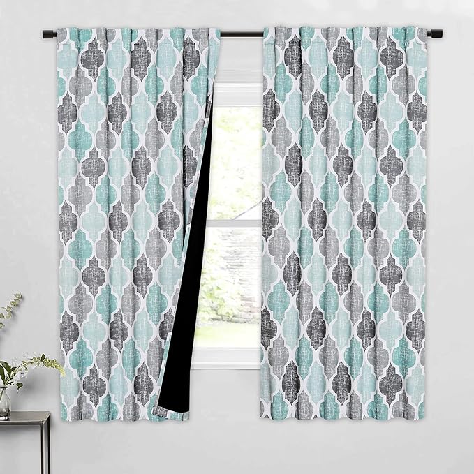 Beauoop Moroccan 100% Blackout Curtains Bedroom Aqua Grey 50x63 2 Panels | Geometric Room Darkening Drapes for Living Room 84 Inch Long Thermal Insulated Soundproof Lattice Window Treatment Rod Pocket