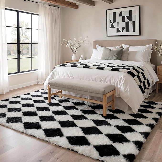 GENIMO Checkered Rug 6x9 Area Rugs for Kids Bedroom Soft Shag Rug Fluffy Fuzzy Carpet Plush Rugs for Living Room Nursery Playroom Dorm Modern Home Decor Aesthetic, Black and White