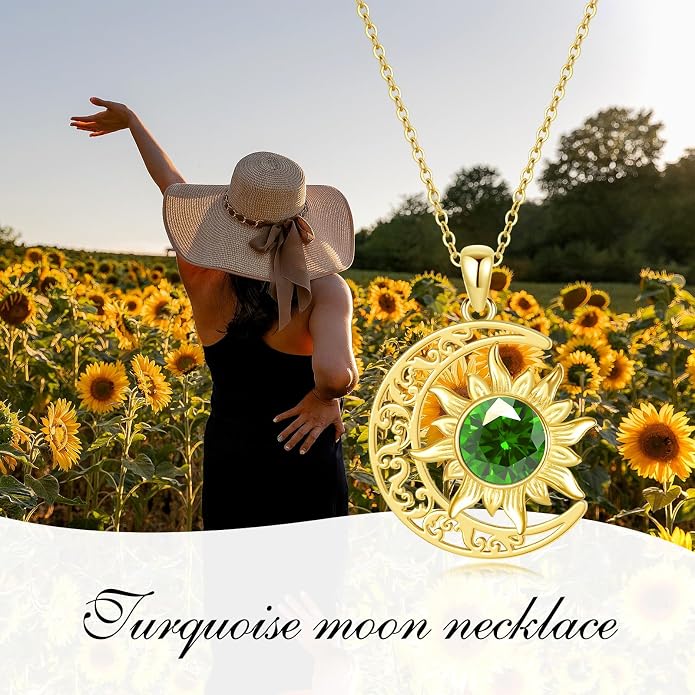 Crescent Moon Necklace for Women 18K Gold Plated Silver Moon and Sun Pendant with Gemstone Dainty Birthstone Jewelry Pendant Necklace for her