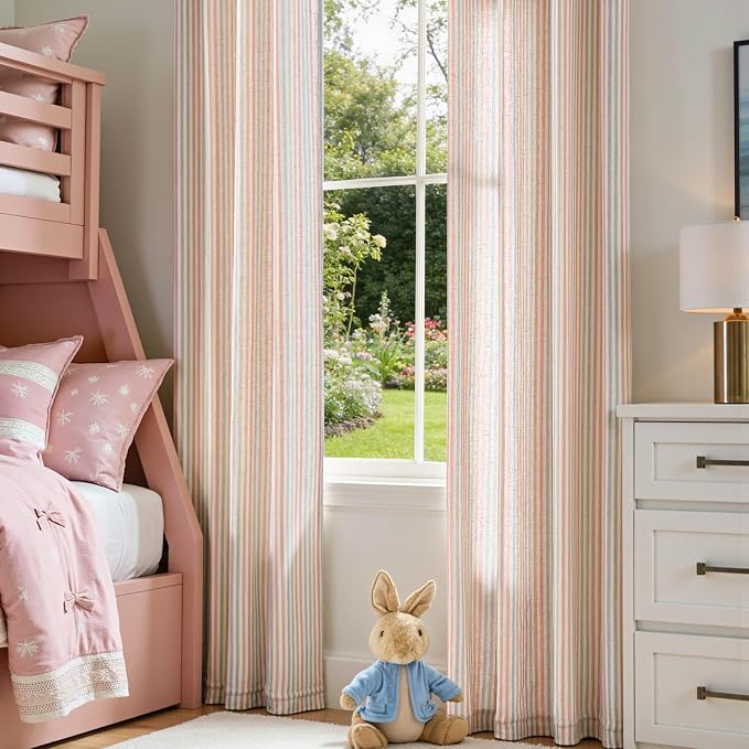 Vangao Linen Stripe Nursery Curtains for Kids Tickingstripe Light Filtering Window Curtains Colorful Pink Pinstripe Printed Drapes 84 Inches Long for Living Room Girls Bedroom Dorm 2 Panels