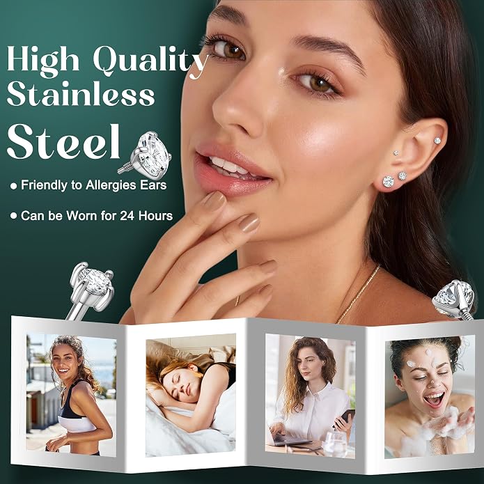 GEMQUEEN Reversible Flat Back Earrings Studs Hypoallergenic - 14K Gold Filled Surgical Steel Earring 18G Cartilage Helix Tragus Conch Piercing Jewelry Extended Internal Thread Earrings for Women Men