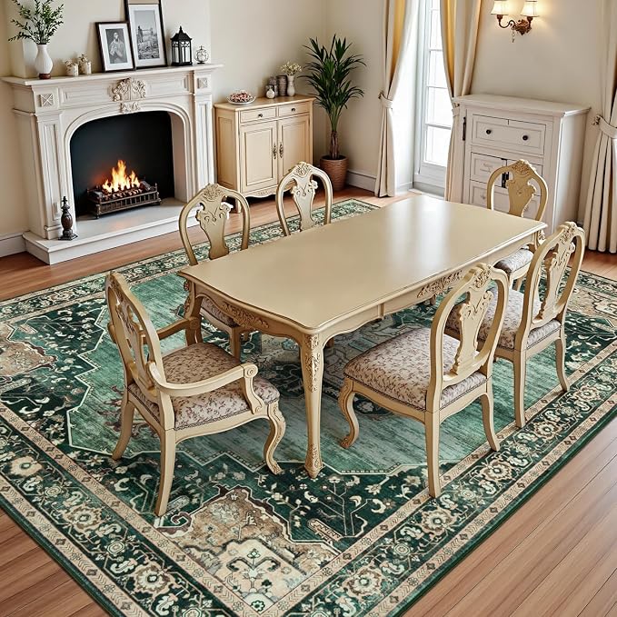 Lofus 5x7 Emerald Green Washable Rugs Non-Slip, Vintage Floral Area Rug for Living Room Bedroom Dining Room Kitchen, Low Pile Distress Print Medallion Carpet Home Decor Rug