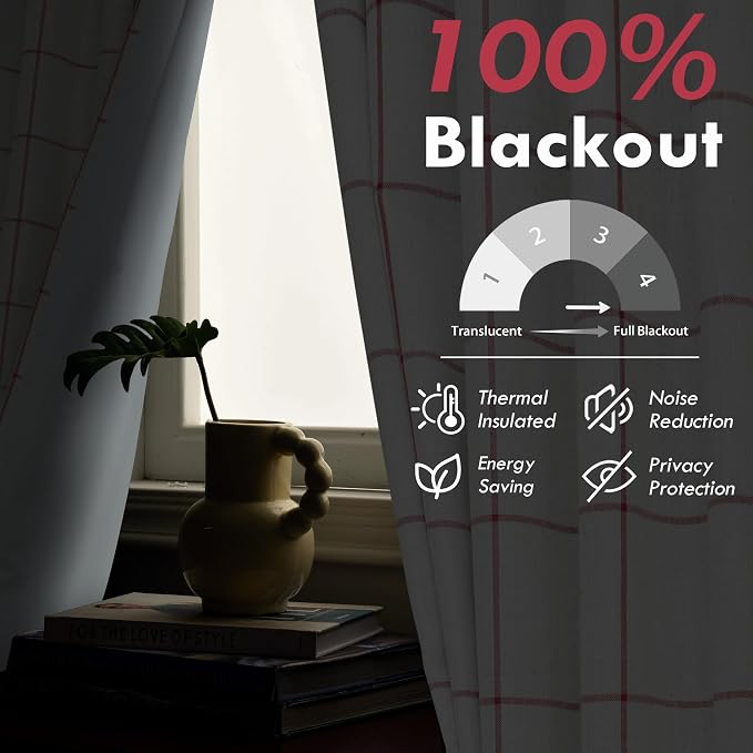 DriftAway 100% Blackout Plaid Linen Curtains 84 Inches Long 2 Panels Red | 100% Blackout, Linen Texture, Plaid Pattern, Two Layers, Rod Pocket & Back Tab, Bedroom Living Room Use, Luxury Appearance