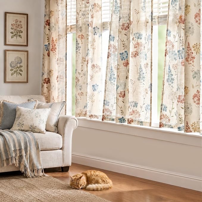 jinchan Floral Linen Curtains 63 Inch Vintage Cottagecore Back Tab 2 Panels | Light filtering drapes, semi sheer, farmhouse, botanical, watercolor, living room, bedroom, rod pocket, window treatment