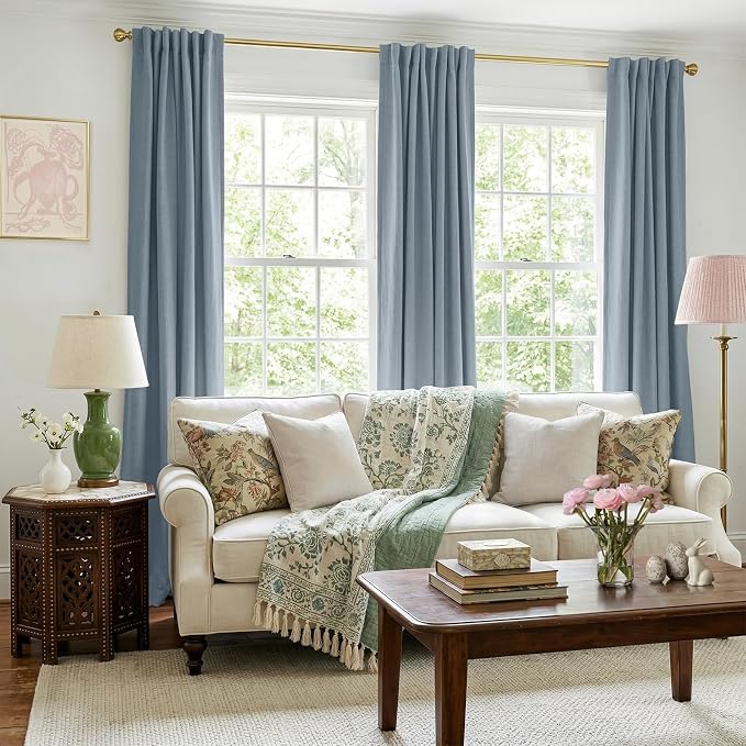 100% Blackout Shield Dusty Blue Linen Blackout Curtains for Bedroom 90 Inches Long, Back Tab/Rod Pocket Living Room Drapes, Thermal Insulated Blackout Curtains 2 Panels Set, 50" W x 90" L