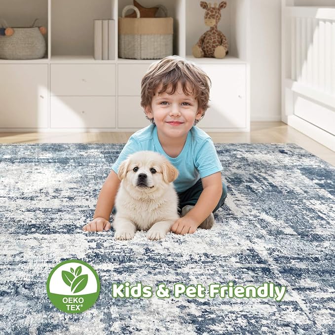 6x8 Area Rug Living Room: Washable Large Abstract Modern Soft Rug Stain Resistant Indoor Non-Slip Carpet for Bedroom Dining Room Nursery Kids Playroom Office Home House- Blue White