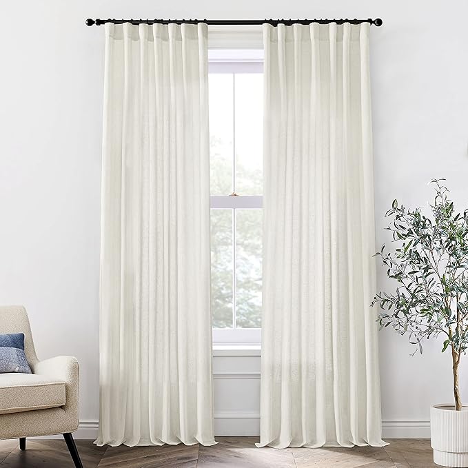 XTMYI Linen Curtains 96 Inch Long 2 Panel Set, Cream Sheer Pleated Curtain for Living Room, Modern Farmhouse Curtains for Dining Room Bedroom, Ivory Colored