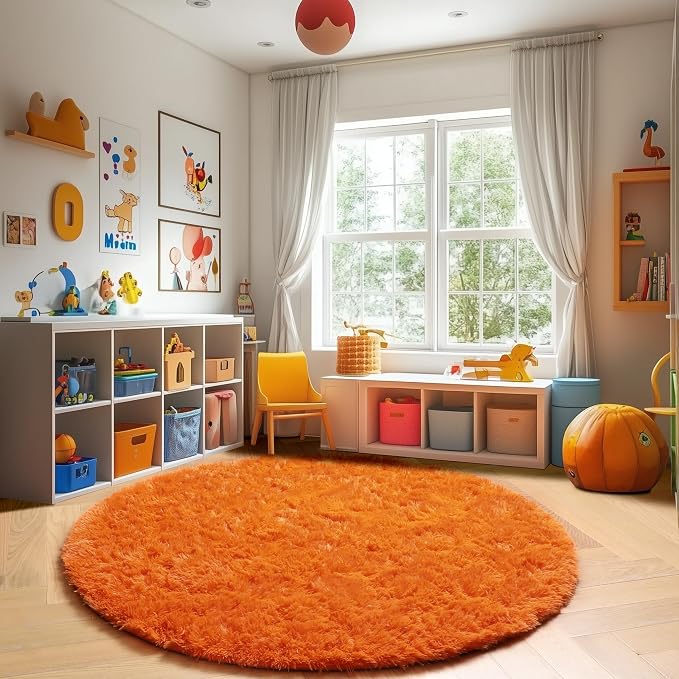 Amdrebio Orange Circle Round Rug 6Ft for Living Room Bedroom, Fluffy Furry Shag Area Rugs for Kids Room Decor Aesthetic, Cute Fuzzy Plush Shaggy Carpet for Baby Nursery Dorm Playroom, Teen Girls Boys