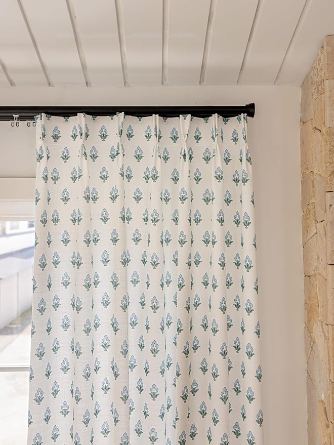 DrapePalette - Linen Blend Pinch Pleated Curtains 108 Inches Long for Living Room, Bedroom, Dining Room, Light Filtering Curtains 2 Panels Set, Modern Floral Printed Design, Indigo Bud, 30" W x 108" L