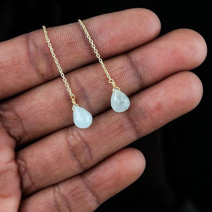 Natural Gemstone Threader Earrings for Women - Dainty 2mm Faceted Beads - Birthstone Crystal Drop Earrings - Silver Plated Healing Jewelry
