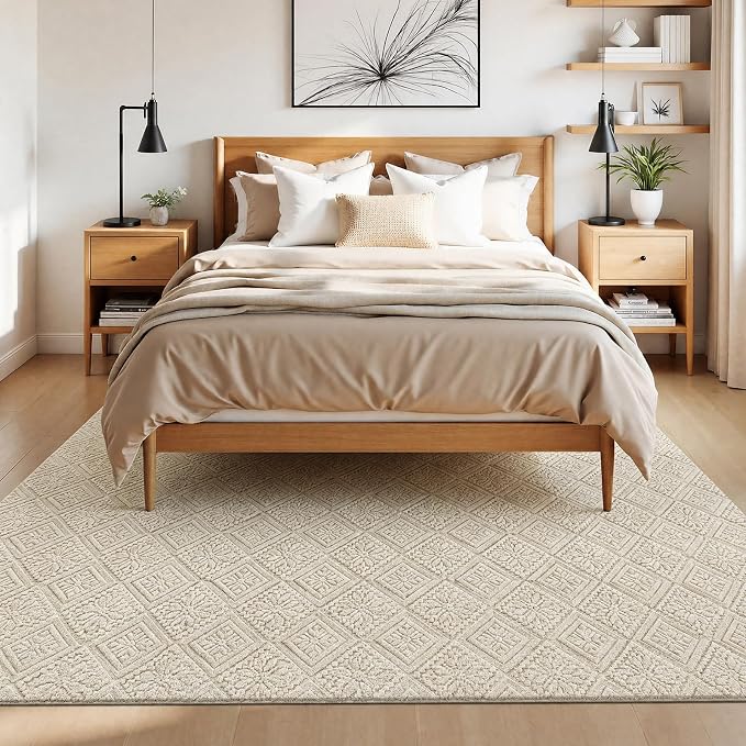 U'Artlines 6x9 Beige Washable Area Rug for Living Room, Soft Fluffy High Low Textured Carpet, Modern Neutral Geometric Non Slip Rugs for Bedroom Dining Room Kids Room