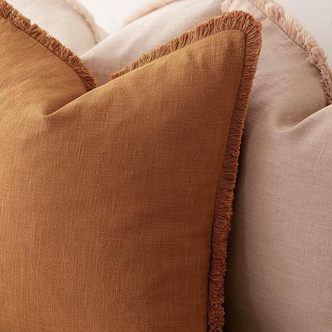 Foindtower Set of 2 Decorative Linen Fringe Throw Pillow Covers Cozy Boho Farmhouse Cushion Cover with Tassels Soft Accent Pillowcase for Couch Sofa Bed Living Room Home Decor, 22×22 Inch, Orange