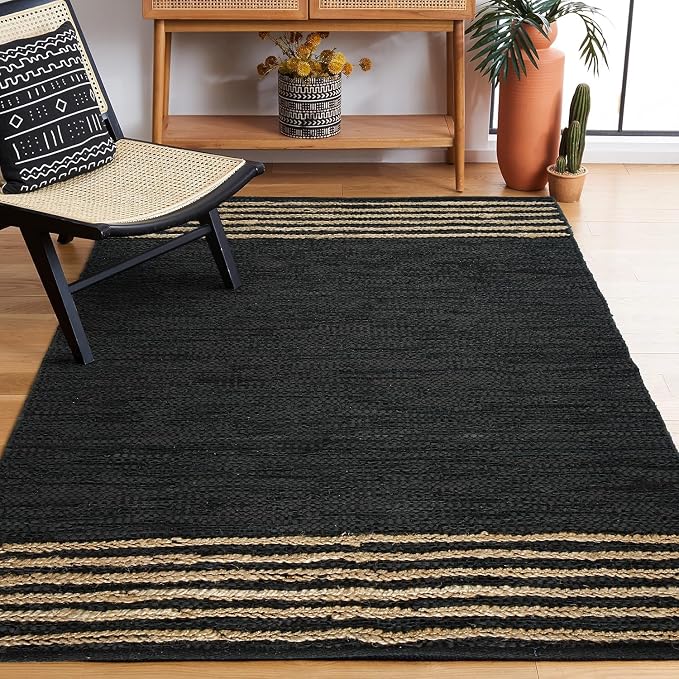 GRUHUM Black Jute Area Rug 8x10ft - Natural Fiber Black Leather Rectangular Handwoven Boho Farmhouse Soft Braided Eco Friendly Vintage Rugs for Indoor Living Room Bedroom Kitchen Hallways 8'x10' Large
