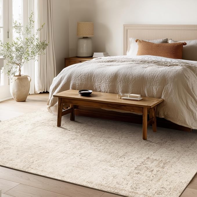Machine Washable Rugs for Living Room: 5x7 Area Rugs for Bedroom Ultra Soft Non-Slip Low Pile Vintage Distress Boho Large Carpet for High-Traffic Dining Room - Farmhouse Decor