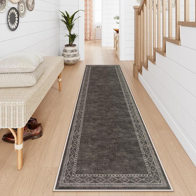 Lahome Modern Bordered Washable Runners for Hallways, 2.5x8 Kitchen Runner Rug Non Slip, Ultra-Thin Hallway Rug Soft Carpet for Bedroom Entryway Bathroom Laundry(2.5'x 8',Brown)