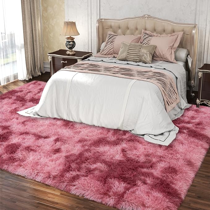 Dssimo 8x10 Area Rugs for Living Room, Pink Tie-Dyed Plush Fluffy Carpet | Upgrade Non-Slip Thick Large Rose Shag Rugs for Nursery Kids Room Dorm Room Home Decor, Indoor Plush Floor Carpet