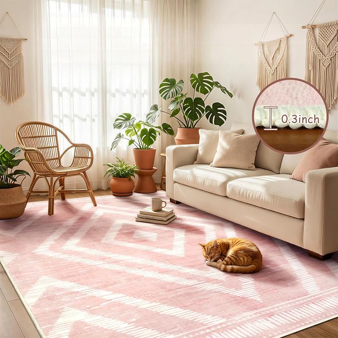 Boho Pink Washable Area Rugs 5x7ft for Living Room, Soft Bedroom Nursery Rugs Non Slip, Modern Thin Kids Playroom Floor Carpets for Dining Room Home Office Decor
