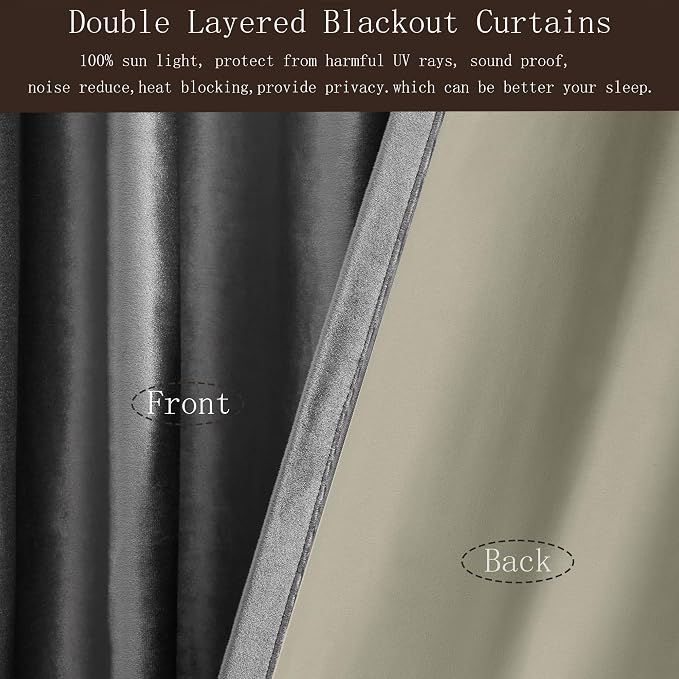 100% Blackout Grey Velvet Curtains 102 inch Long for Living Room,Elegant 2 Panel Back Tab Thermal Insulated Room Darkening Curtain with Liner Heavy Noice Reducing Soundproof Window Drapes for Bedroom