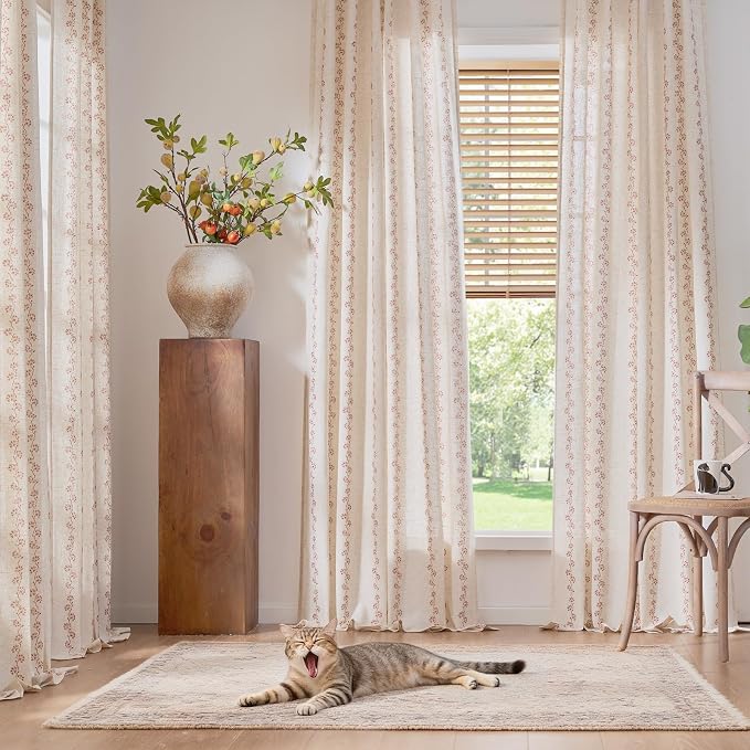 Lazzzy Cathy Linen Floral Curtains for Living Room Privacy Curtains 96 inch Length Set of 2 for Bedroom Rod Pocket Back Tab Light Filtering Drapes Cottage Core Decor 50"x96" Terracotta on Linen